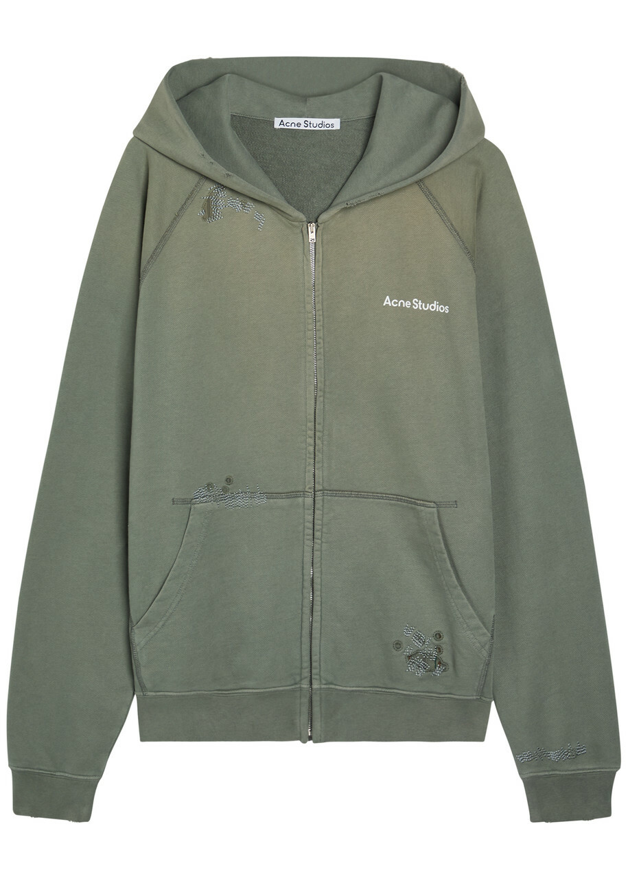 Acne Studios Logo Hooded Zip-through Cotton Sweatshirt Grey