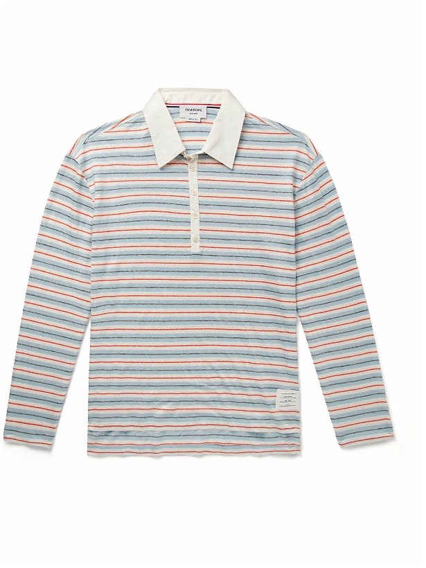 Photo: Thom Browne - Cotton-Blend Poplin Trimmed Striped Stretch-Linen Jersey Polo Shirt - Blue