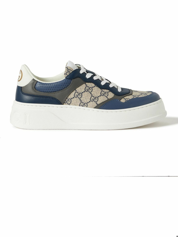 Photo: GUCCI - Monogrammed Coated-Canvas and Leather Sneakers - Blue