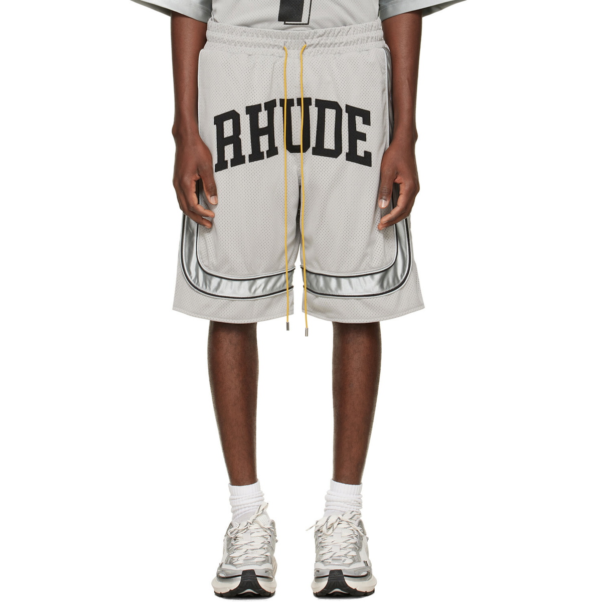 Rhude Gray Baggy Mesh Collegiate Logo Shorts