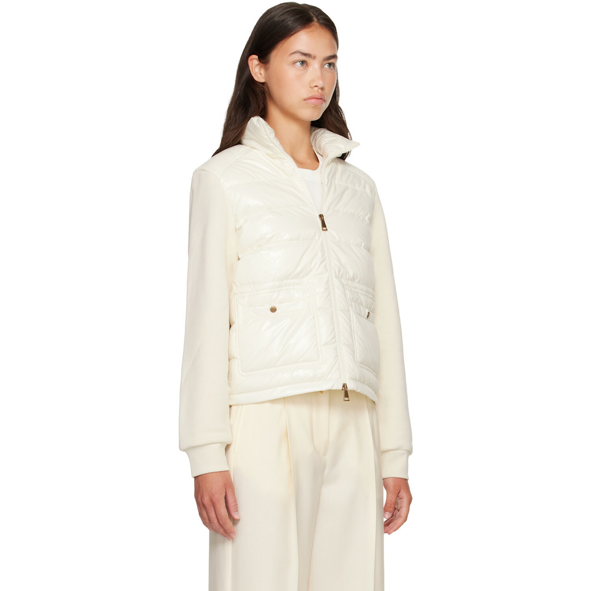 Moncler Off-White Zip Up Cotton Fleece Down Cardigan