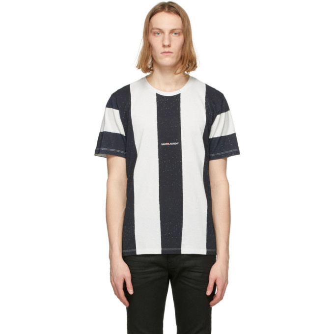 Photo: Saint Laurent White and Black Striped Rive Gauche Logo T-Shirt