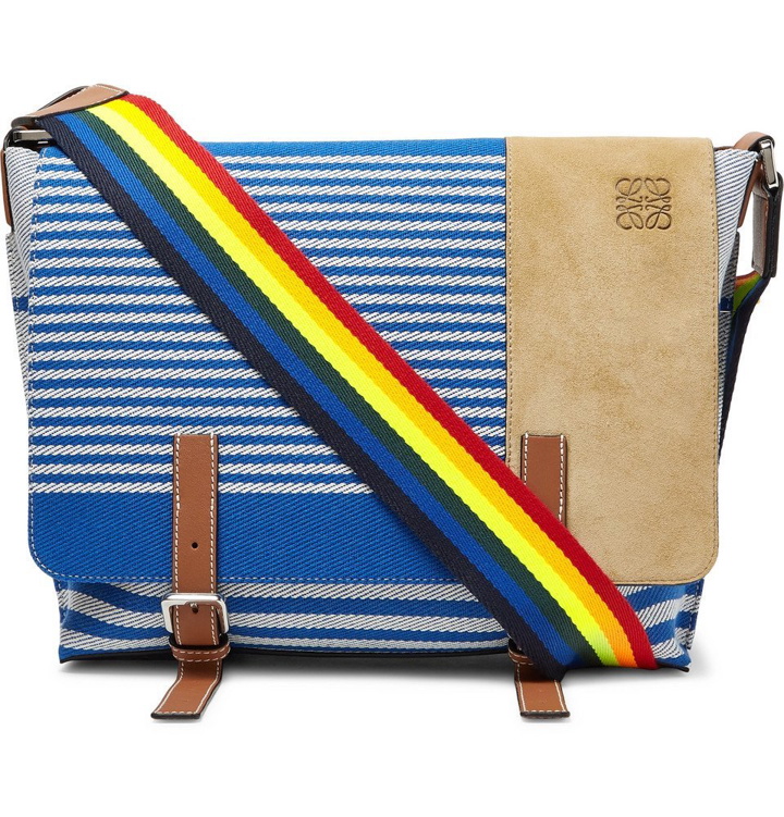 Photo: Loewe - Milit S Leather and Suede-Trimmed Striped Canvas Messenger Bag - Blue