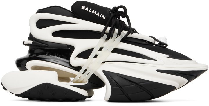 Photo: BALMAIN Black & White Leather Unicorn Low-Top Sneakers