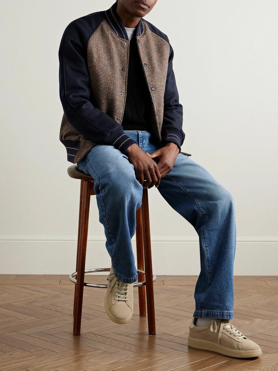 Golden Bear - Puppytooth Tweed-Panelled Wool Varsity Jacket - Brown