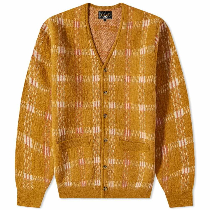 Photo: Beams Plus Men's Check Jacquard Mohair Cardigan in Mustard