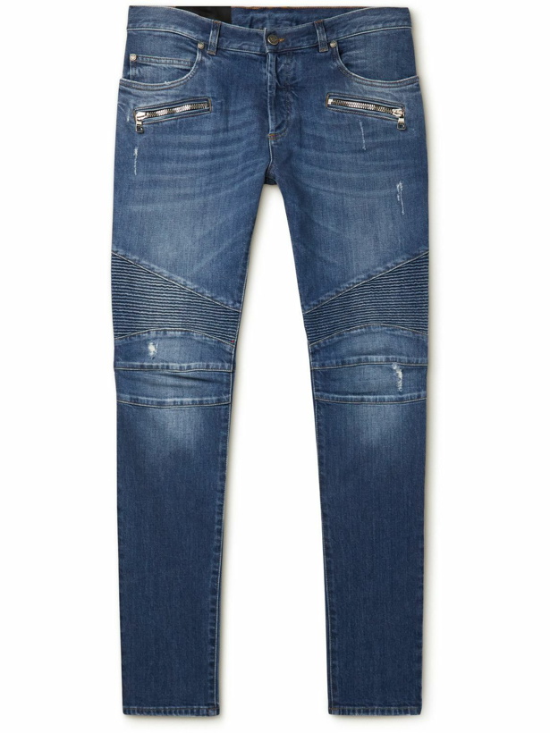 Photo: Balmain - Slim-Fit Zip-Detailed Distressed Jeans - Blue