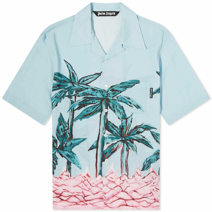 Photo: Palm Angels Men's Palms Row Bowling Vacation Shirt in Light Blue