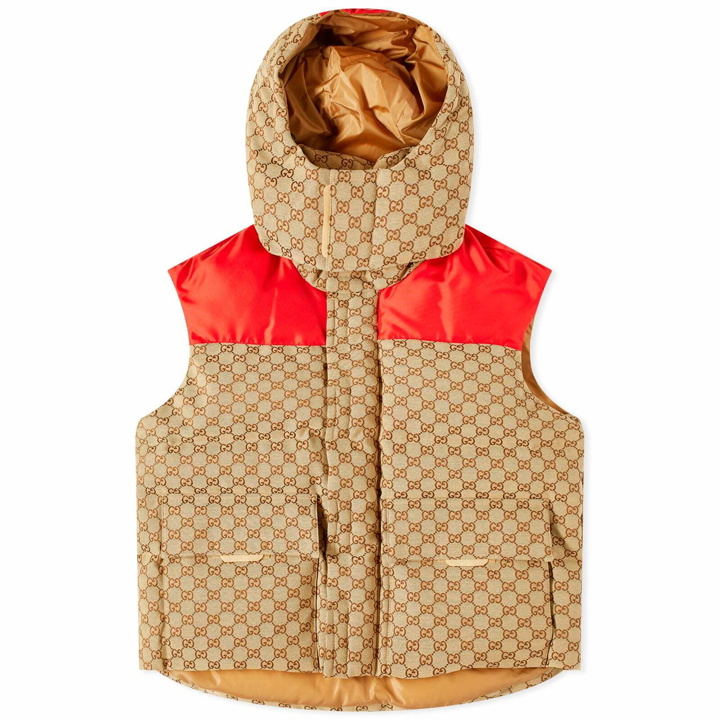 Photo: Gucci Men's GG Jacquard Hooded Down Vest in Camel