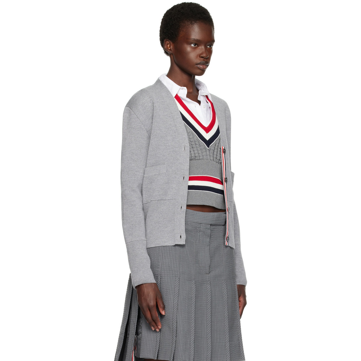 Thom Browne Gray Wool 4-Bar V-Neck Cardigan
