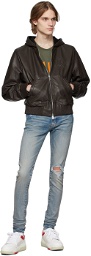 AMIRI Brown Leather Logo Hooded Jacket