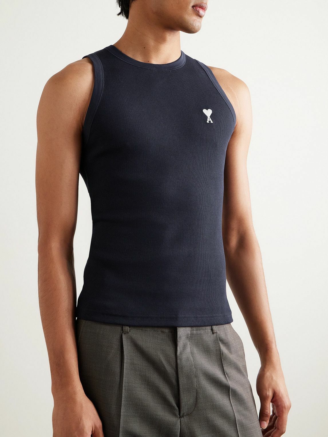 AMI PARIS - ADC Logo-Embroidered Ribbed Stretch Organic Cotton Tank Top - Blue