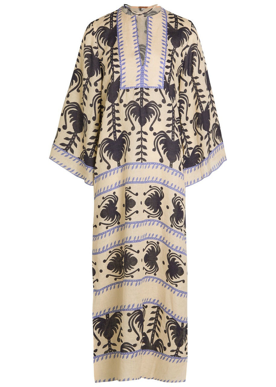 Johanna Ortiz Savannah Patterned Linen Maxi Tunic Dress Beige