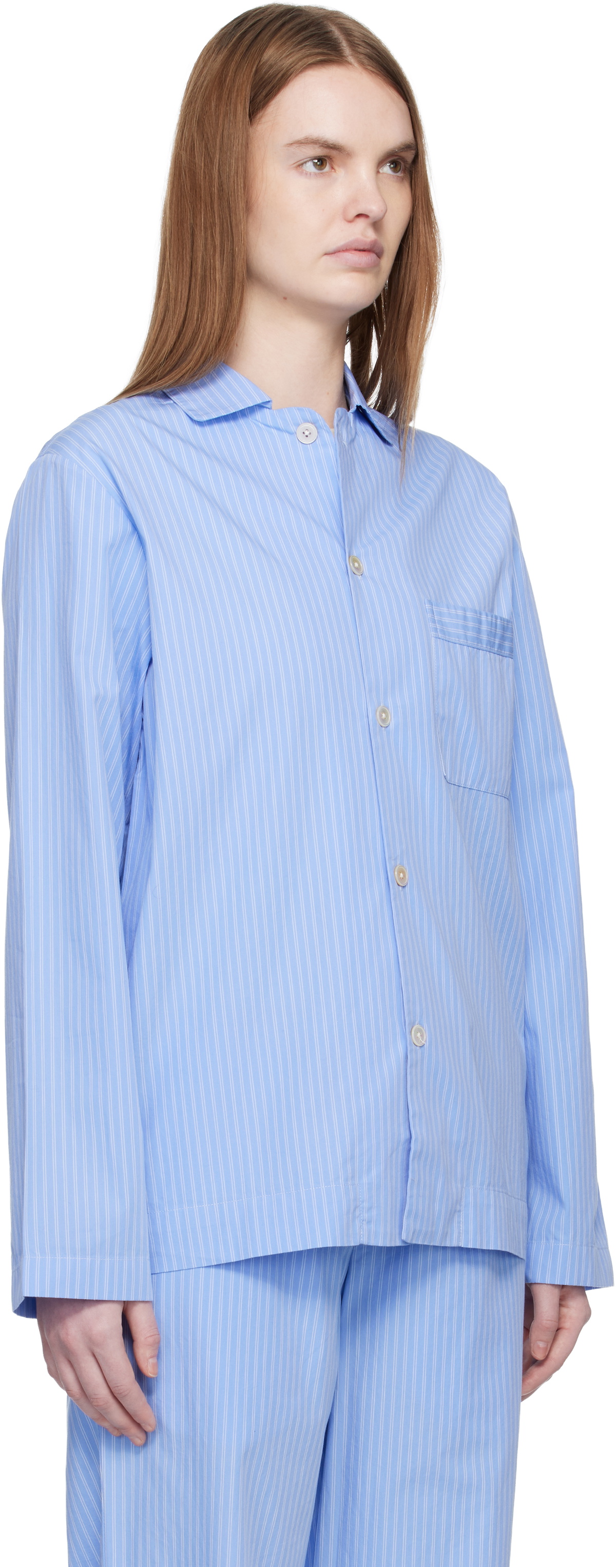 Tekla Blue Poplin Long-Sleeved Pyjama Shirt