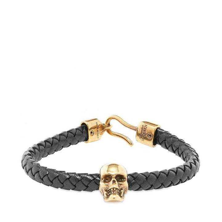 Photo: Alexander McQueen Men's Leather Skull Bracelet in Black/Gold