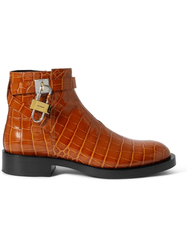 Photo: GIVENCHY - Embellished Croc-Effect Leather Chelsea Boots - Brown