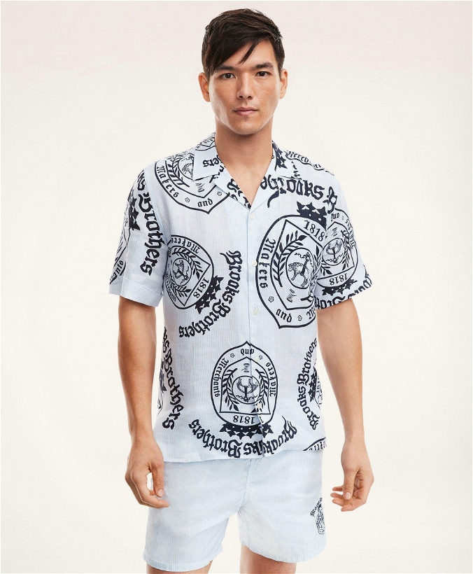 Photo: Brooks Brothers Men's Et Vilebrequin Bowling Shirt in the Seal of Approval Print | Navy