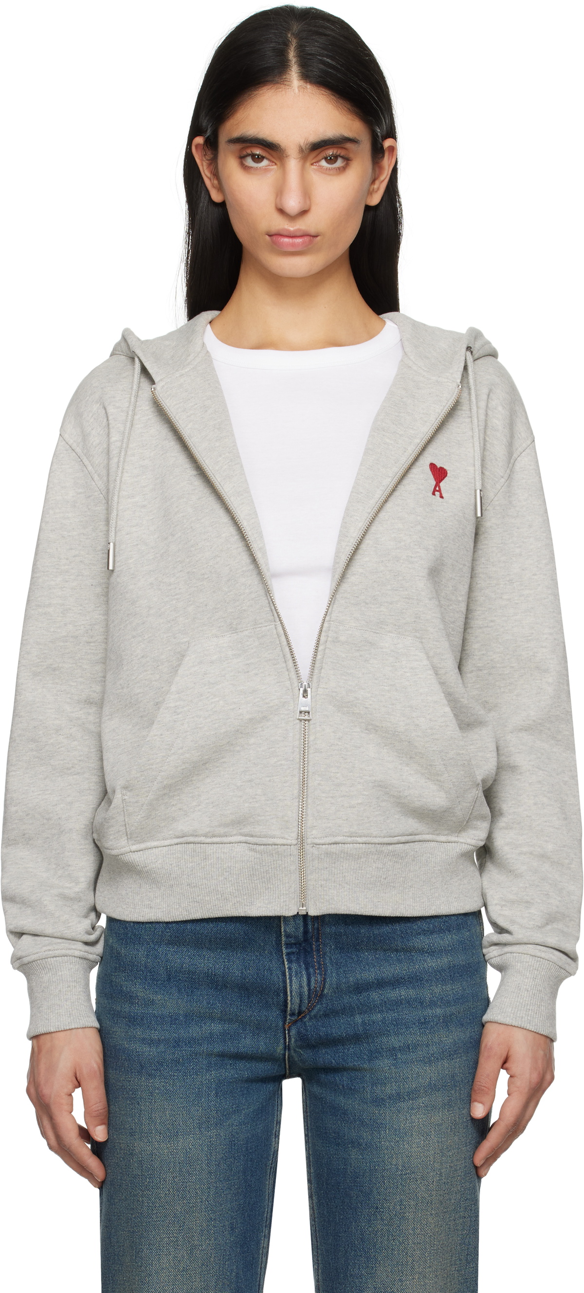 AMI Paris Gray Cotton Ami de Coeur Zipped Hoodie