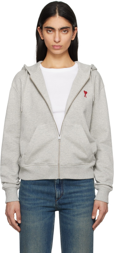 Photo: AMI Paris Gray Cotton Ami de Coeur Zipped Hoodie