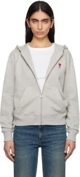 AMI Paris Gray Cotton Ami de Coeur Zipped Hoodie