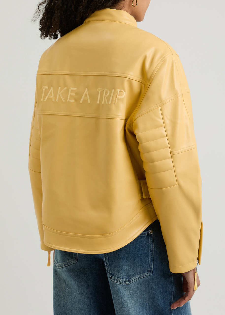 House OF Sunny The Racer Embroidered Faux Leather Jacket Yellow
