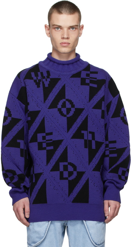 Photo: We11done Blue Logo Letters Jacquard Sweater
