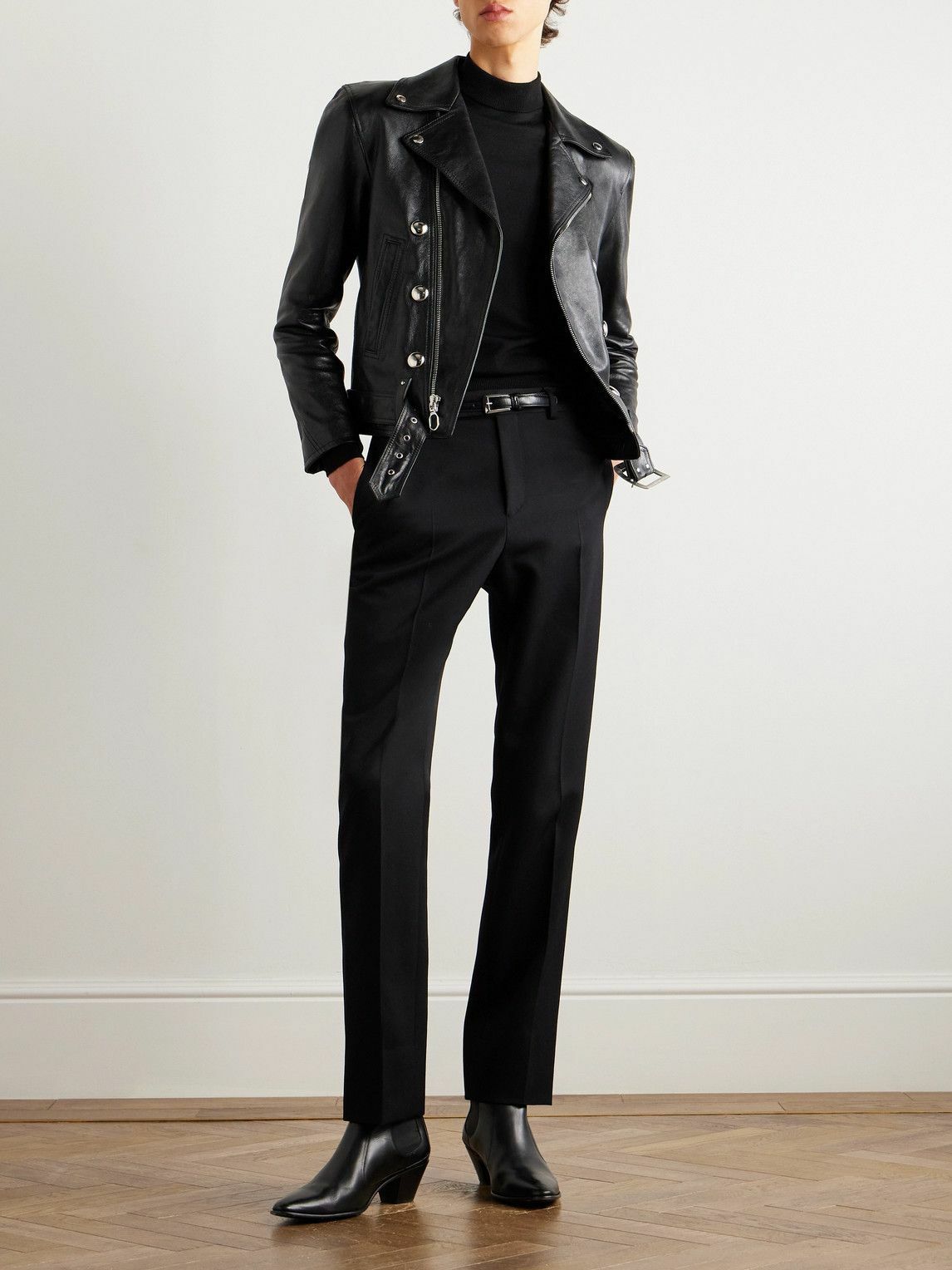 CELINE - Slim-Fit Studded Belted Leather Biker Jacket - Black