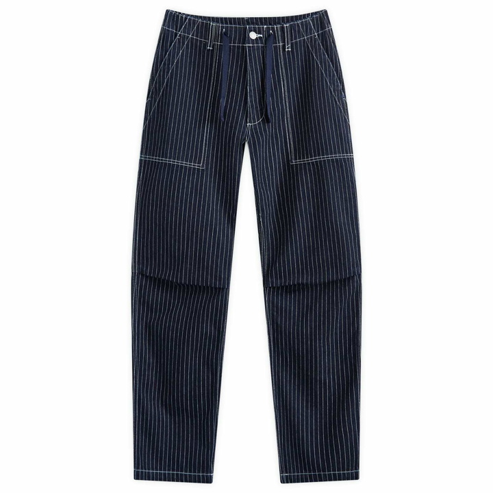 Photo: Uniform Bridge Men's Stripe Denim Fatigue Pants in Blue