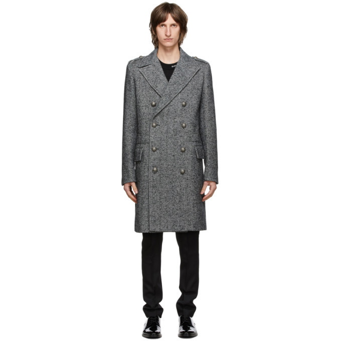 Photo: Balmain Grey and Black Herringbone Double-Breasted Coat