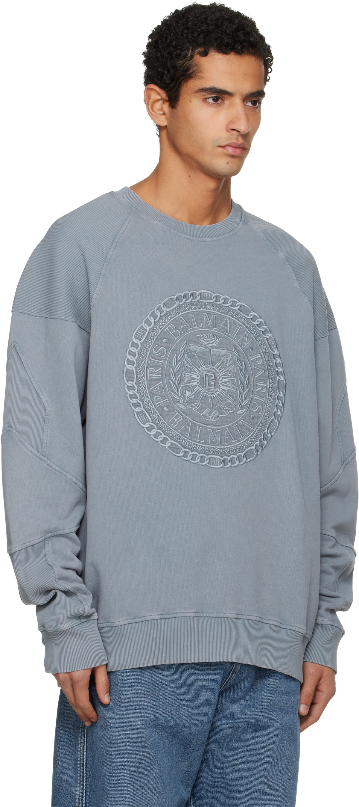Balmain Gray Embroidered 'Balmain' Médaille Sweatshirt
