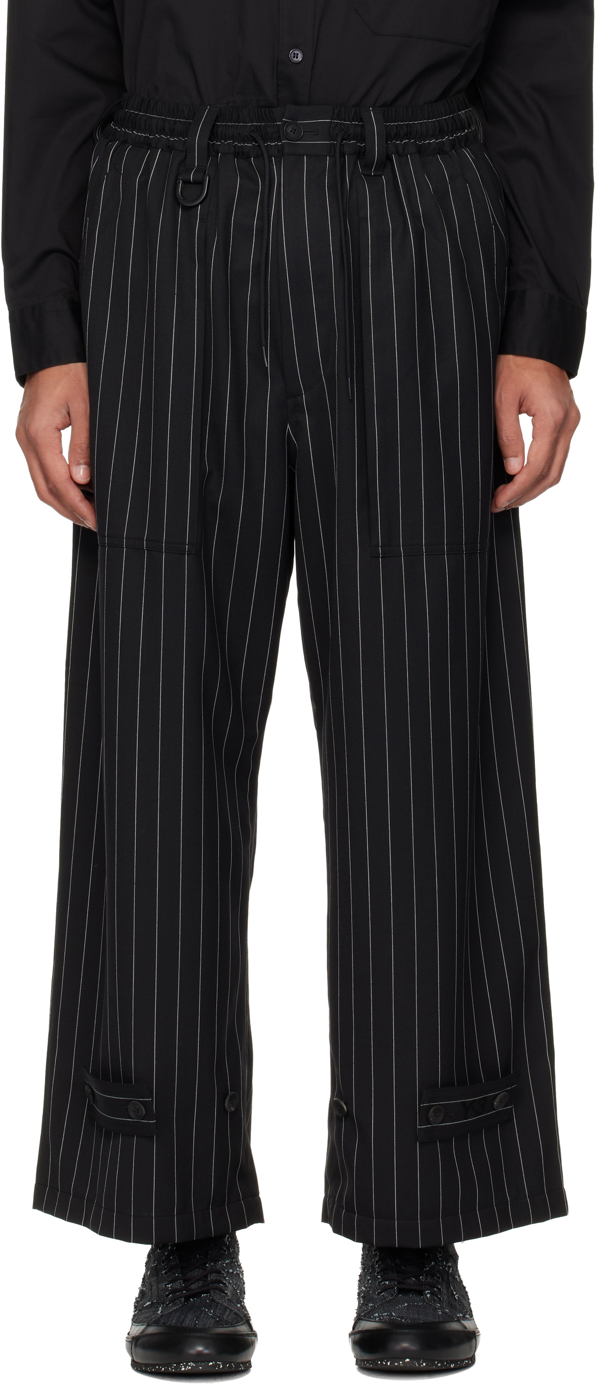 Y-3 Black Pinstripe Refined Wool Wide Leg Trousers