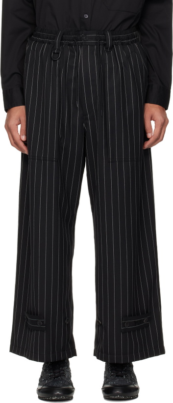 Photo: Y-3 Black Pinstripe Refined Wool Wide Leg Trousers