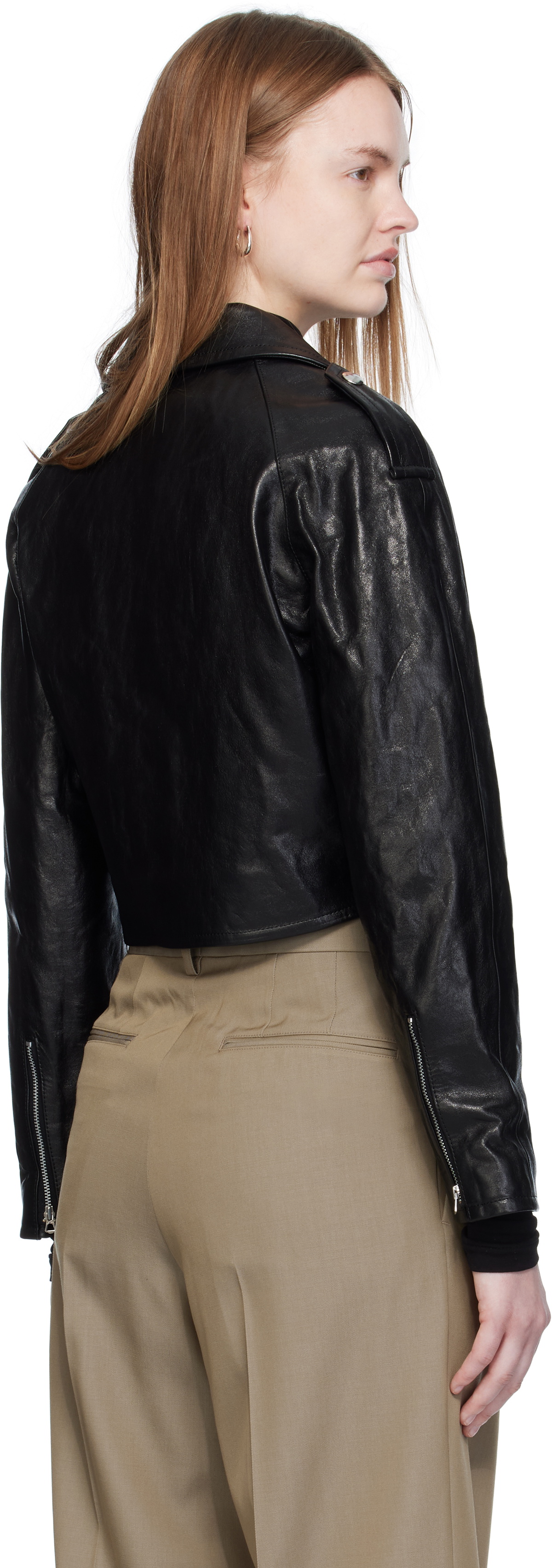 AURALEE Black Cropped Riders Lamb Leather Jacket Auralee