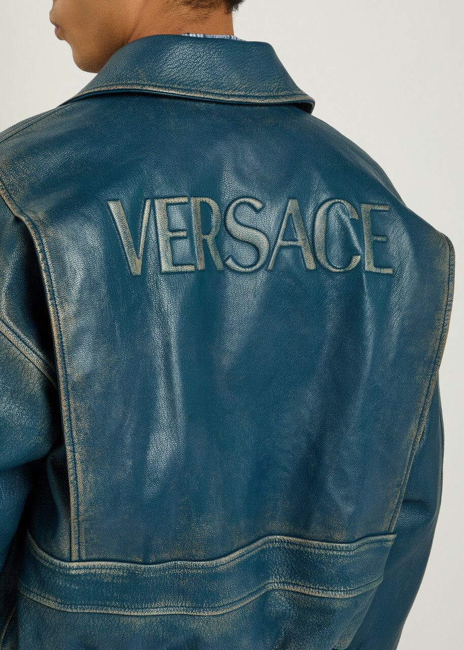Versace Logo-embossed Distressed Leather Jacket Blue