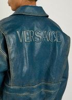 Versace Logo-embossed Distressed Leather Jacket Blue