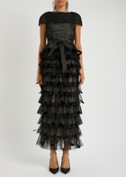 Huishan Zhang Michelle Feather-embellished Tulle Midi Dress Black