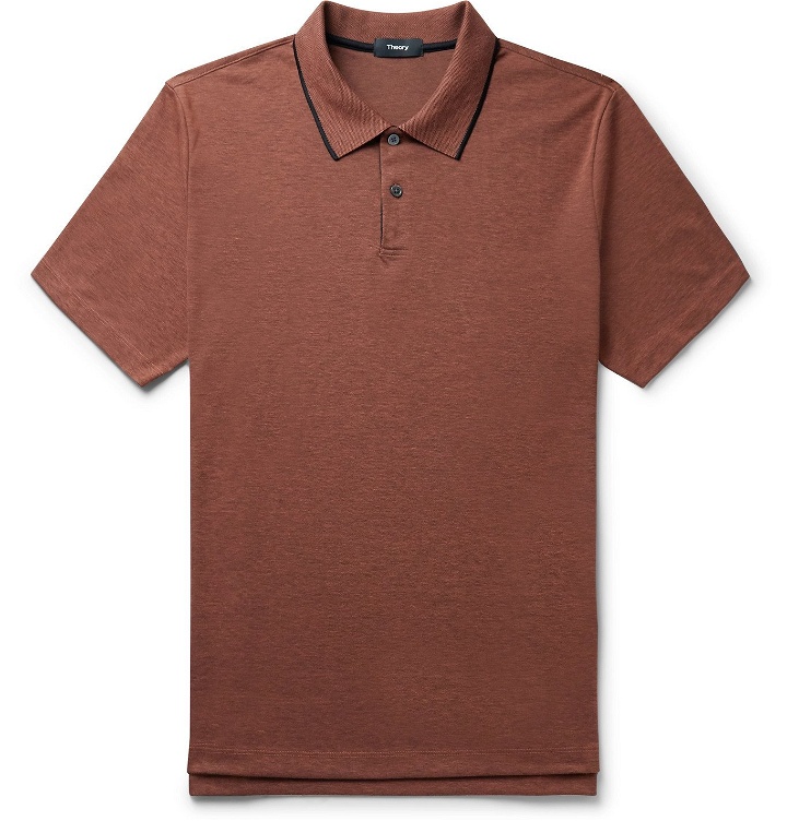 Photo: Theory - Contrast-Tipped Mélange Pima Cotton-Blend Piqué Polo Shirt - Red