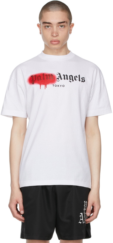 Photo: Palm Angels White & Red Sprayed Logo 'Tokyo' T-Shirt