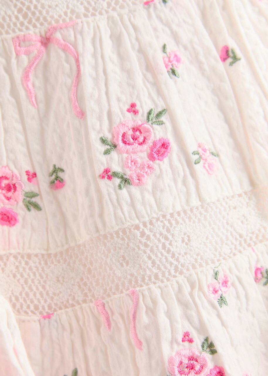 Loveshackfancy Viro Ribbed Floral and Bow-embroidered Cotton Mini Skirt Pink And White