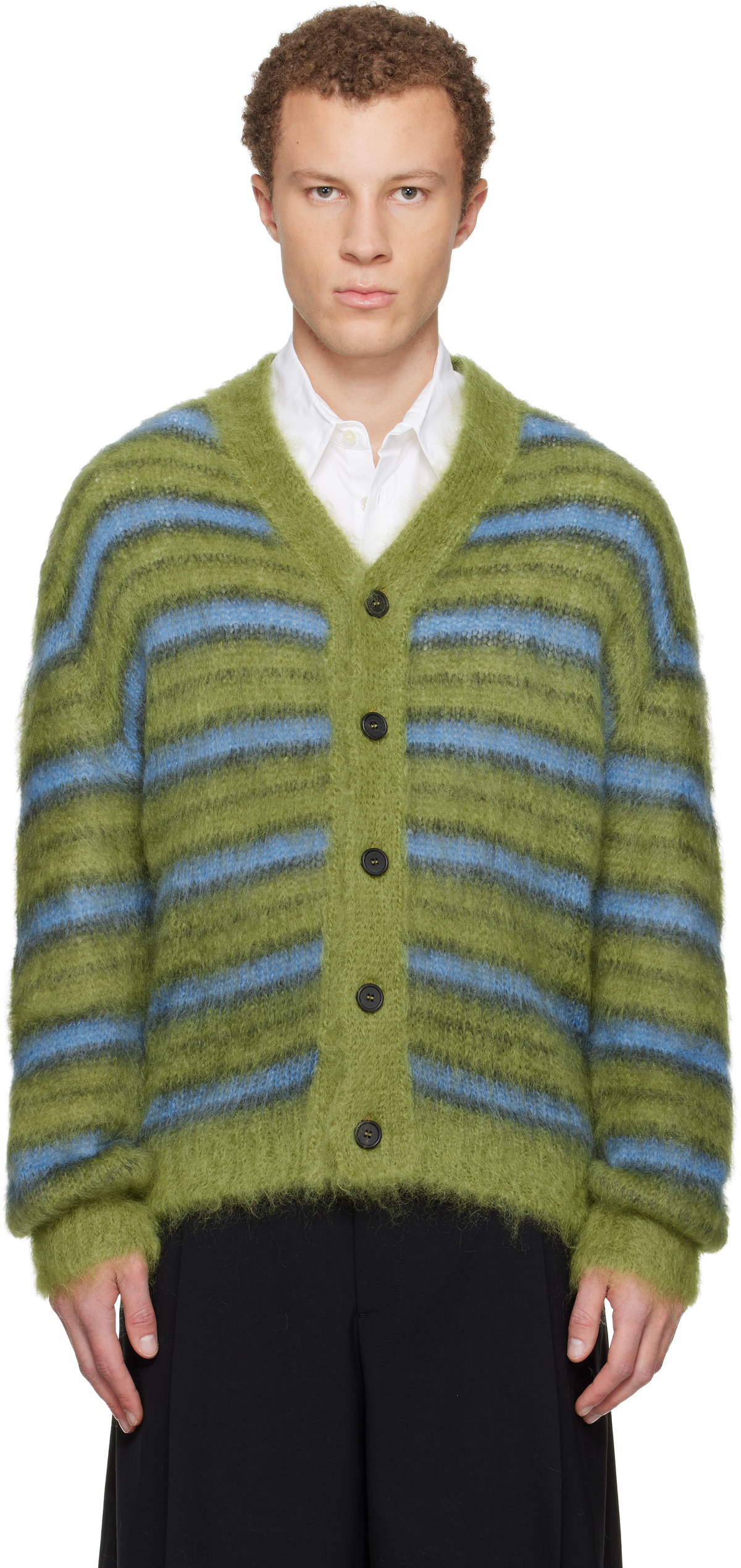 Marni Green & Blue Fuzzy Wuzzy Stripe V-Neck Cardigan