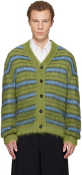 Marni Green & Blue Fuzzy Wuzzy Stripe V-Neck Cardigan