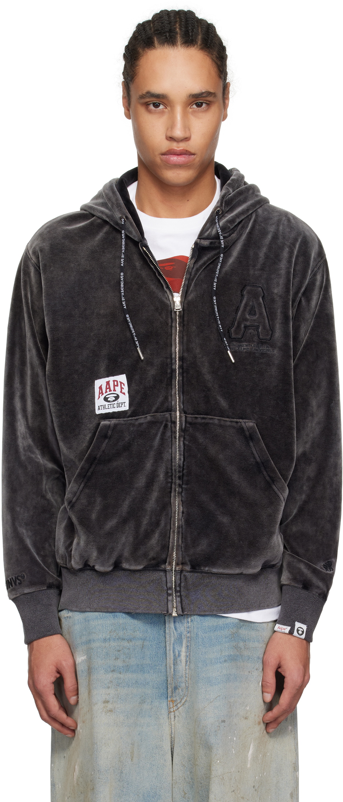 AAPE by A Bathing Ape Black 'AAPE' Logo Velvet Zip-Up Hoodie