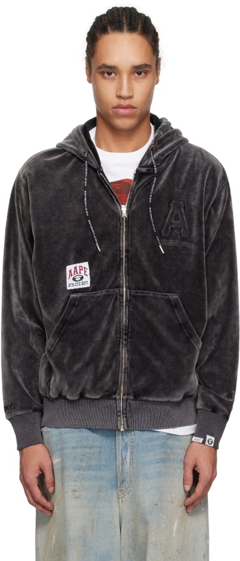 Photo: AAPE by A Bathing Ape Black 'AAPE' Logo Velvet Zip-Up Hoodie