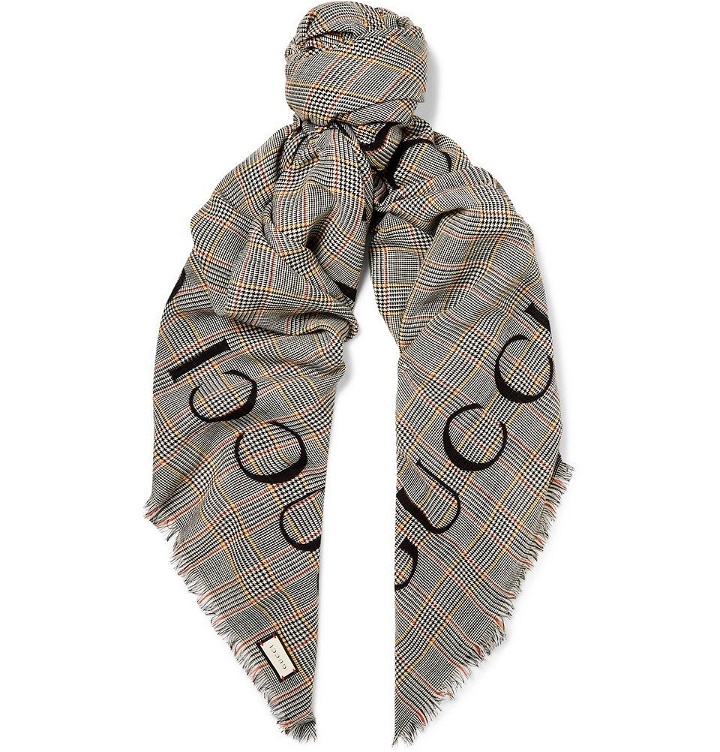 Photo: Gucci - Fringed Logo-Print Prince of Wales Checked Wool Scarf - Gray