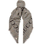 Gucci - Fringed Logo-Print Prince of Wales Checked Wool Scarf - Gray