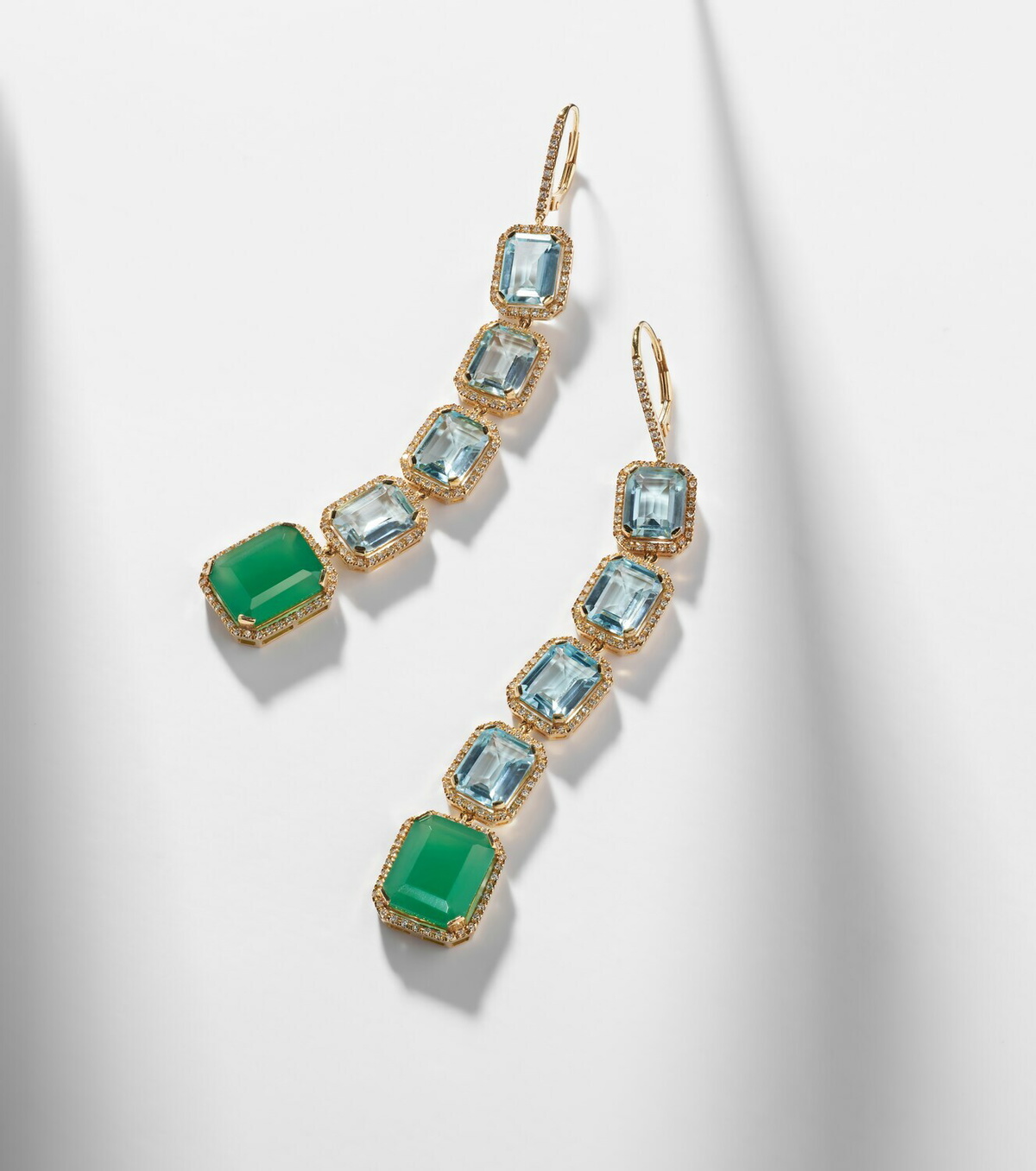 Shay Jewelry Tier Portrait 18kt gold drop earrings with topaz, agate, and diamonds