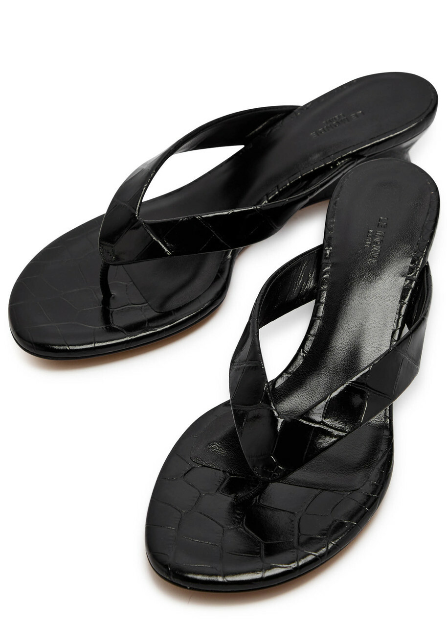 LE Monde Beryl 50 Crocodile-effect Leather Thong Wedge Sandals Black