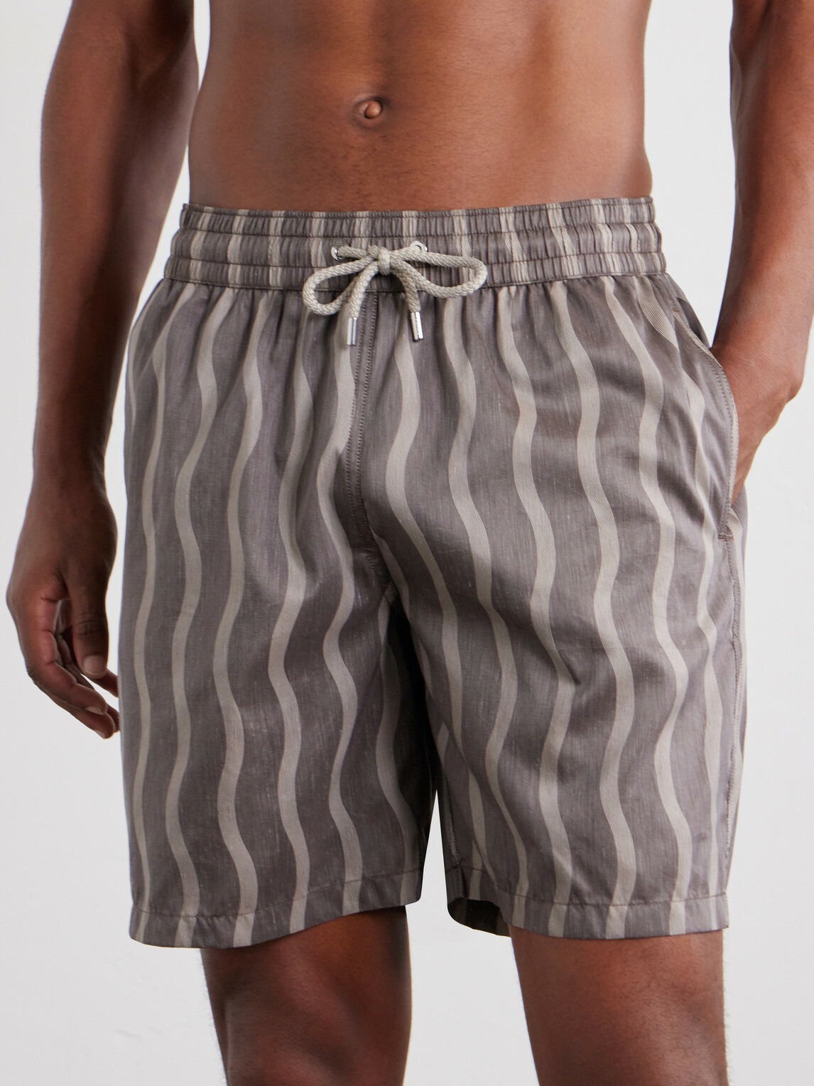 Frescobol Carioca - Rio Linen Blend Cabana Wave -Print Swim Short - Brown