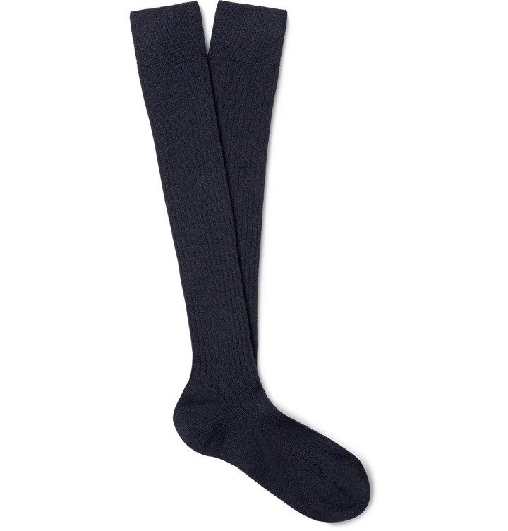 Photo: Charvet - Ribbed Cashmere, Wool and Silk-Blend Over-the-Calf Socks - Blue