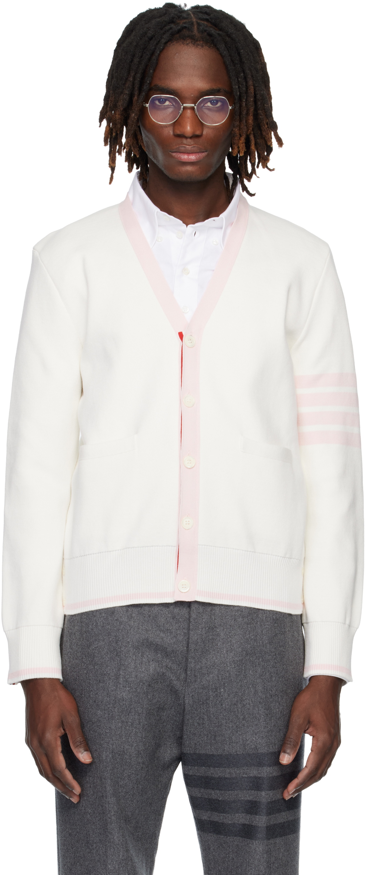 Thom Browne White Cotton 4-Bar Milano Classic V-Neck Cardigan